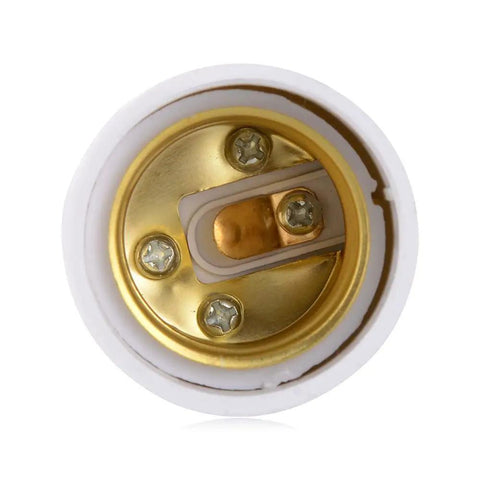 Close-up of GU24 to E26 E27 adapter socket interior with gold contacts, converts pin base fixture to a standard screw-in lamp socket.