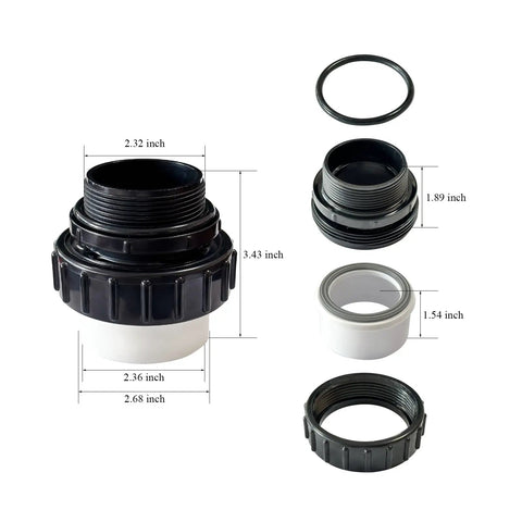 Two Pack 2 Inch MIP To 2 Inch PVC Hi Temp Union Fittings with measurements, durable for Whisperflo and Intelliflo pool pumps use