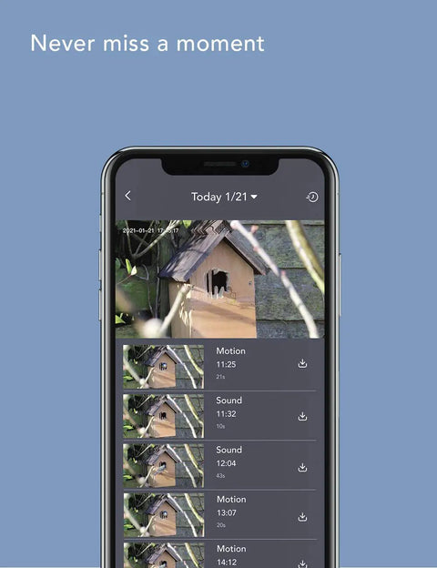 App screenshot showing motion alerts from Outdoor Security Camera 1080P For Your Home Weatherproof IP66 with night vision.