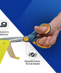 Hand uses Eight Inch Nonstick Titanium Scissors With Glide Adjust Technology For Office And Home, Grey And Yellow to cut tape.