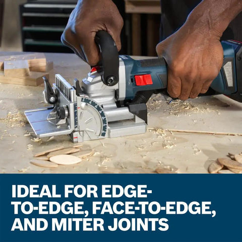 Hand using power tool with Fifty Number Twenty Beech Wood Joining Biscuits for woodworking edge-to-edge miter joints