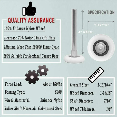Heavy Duty Garage Door Hardware Kit With Reinforced Nylon Rollers And Bearings Rust Resistant Galvanized Hinges Top Brackets And Tough As Nails Wire Rope For 16x8 And 18x8 Double Doors Built To Last 100000 Cycles, product specifications and quality assurance information displayed.