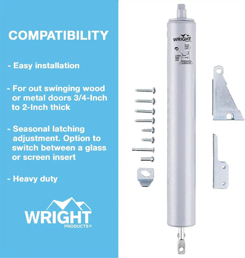 Heavy-Duty Pneumatic Storm Door Closer With Adjustable Damping And Hold Open Feature, Quiet Closing For Out-Swing Aluminum Doors