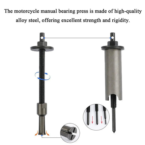 Grab This Rad 12 Piece Bearing Puller Kit For Smooth Motorcycle Bearing Extraction Without Hitting It With A Hammer Or Damaging Inner Parts Ever While Handling Tight Spots Like A Boss Saving You Cash On Labor Bills Fix It Fast. Alloy steel motorcycle bearing puller tool with threaded shaft and tip