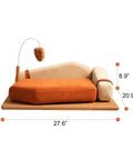 Modern Wooden Pet Hangout Haven With Swinging Toy, Built Like A Tank Oak Veneer Sofa Bed, Ultra Comfy High Resilience Foam Cushion, Scratch Proof Elevated Pad For Big Cats And Dogs, orange cushion and hanging toy