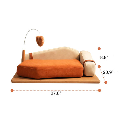 Modern Wooden Pet Hangout Haven With Swinging Toy, Built Like A Tank Oak Veneer Sofa Bed, Ultra Comfy High Resilience Foam Cushion, Scratch Proof Elevated Pad For Big Cats And Dogs, orange cushion and hanging toy
