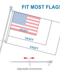 Heavy Duty 5Ft Outdoor Flagpole Kit With Anti Tangle 360 Degree Rings 1 Inch Thick Metal Pole And Two Angle Mounts For Grommet Flags And Banners Ideal For Porch Yard Patio Balcony Easy Install And Reliable Outdoor Display, shown with American flag sizes 2x3ft, 3x5ft, 4x6ft