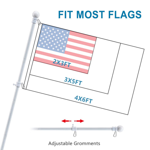 Heavy Duty 5Ft Outdoor Flagpole Kit With Anti Tangle 360 Degree Rings 1 Inch Thick Metal Pole And Two Angle Mounts For Grommet Flags And Banners Ideal For Porch Yard Patio Balcony Easy Install And Reliable Outdoor Display, shown with American flag sizes 2x3ft, 3x5ft, 4x6ft