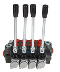 Hydraulic control valve, front view, four-lever 4-spool unit with silver stems, black knobs, and red port caps
