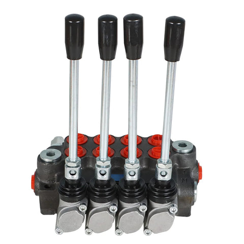 Hydraulic control valve, front view, four-lever 4-spool unit with silver stems, black knobs, and red port caps