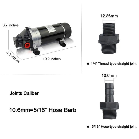 115V High Pressure Booster Pump On Demand 160 PSI with dimensions and hose barb sizes shown