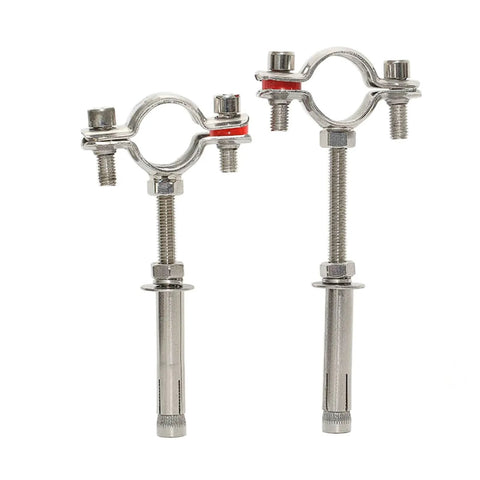 Front view of two 304 stainless steel ceiling pipe clamps with expansion anchors for overhead support (Φ45-48).