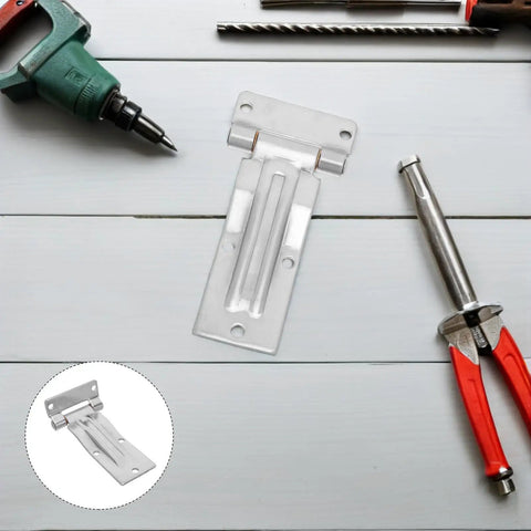 Heavy Duty Stainless Steel Trailer and Door Hinge With Silent Operation Triangle Hole Spacing 58x41mm Ideal for Harsh Outdoor and Coastal Environments Quiet Marine Grade Hinge for Dump Trailers and Containers, shown with tools