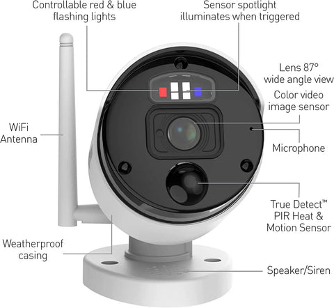 4K WiFi IP Security Camera with red and blue siren lights, motion spotlight, license plate and face capture, SecureAlert NVR