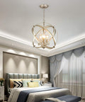 Four Lights Crystal Cage Chandelier With Modern Globe Metal Pendant Lighting in champagne gold in elegant bedroom setting