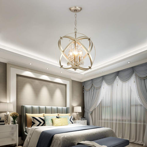 Four Lights Crystal Cage Chandelier With Modern Globe Metal Pendant Lighting in champagne gold in elegant bedroom setting