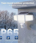 SZPOWER 6000LM Motion Sensor Outdoor Lights, 4 Heads 3 Modes Solar Flood Lights Outdoor mounted on a frosty wall, IP65 rated.