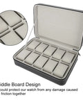 Top Shelf 10 Grid Watch Storage Box With Cushioned Dividers For Organizing Your Cool Watch Collection On The Go Or Desk Display Plus Ring Holder And Travel Essentials Case, open showing padded slots.