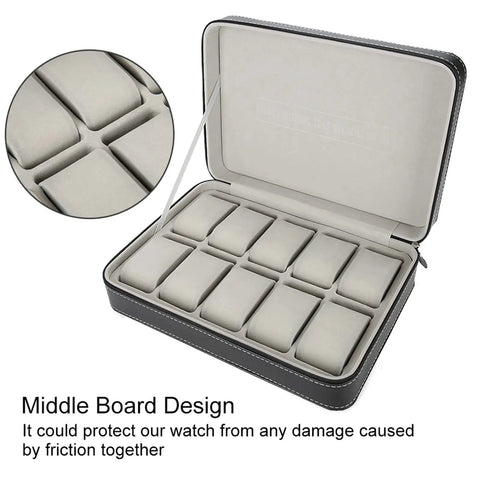 Top Shelf 10 Grid Watch Storage Box With Cushioned Dividers For Organizing Your Cool Watch Collection On The Go Or Desk Display Plus Ring Holder And Travel Essentials Case, open showing padded slots.