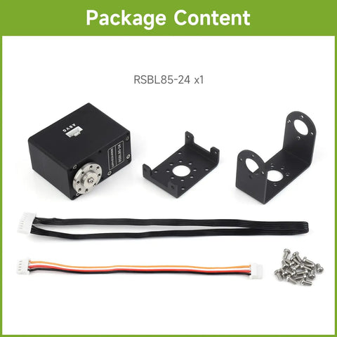 Beefy 85kg.cm Servo Motor RSBL85-24 With Aluminum Alloy Case, brackets, cables, and screws in package contents