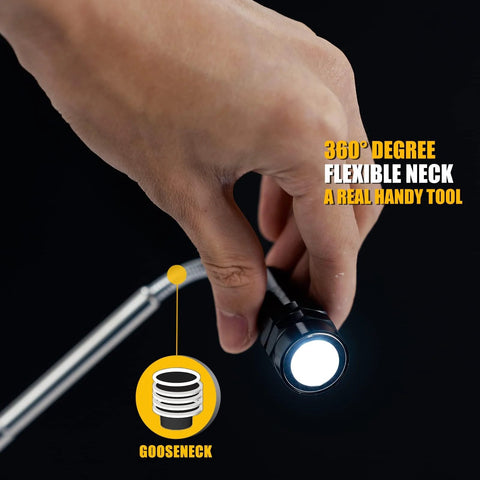 Black magnetic pickup tool with LED flashlight and 360-degree flexible gooseneck