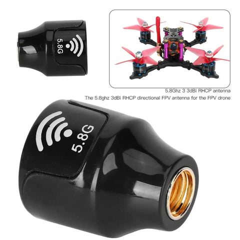 Black High Gain 3dBi LHCP 5.8GHz RC Antenna with inner hole, designed for FPV racing drones, features easy install and anti-crash design.