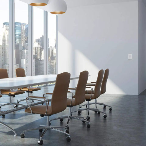 Office with chairs, table, and wall-mounted Motion Sensor Switch With 0-10V Dimming For Low Voltage Lighting, PIR Occupancy Sensor Controls 800W Ballast Or LED Driver, Single Pole Dimmer TDODS5-010 White, Auto On Off With Adjustable Dimming Levels For Offices And Home