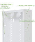 14 Inch In Wall Cable Management Media Box with 20 Gauge Steel Enclosure feature details, built-in lance points, glossy white finish