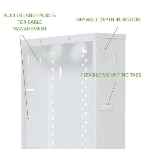 14 Inch In Wall Cable Management Media Box with 20 Gauge Steel Enclosure feature details, built-in lance points, glossy white finish