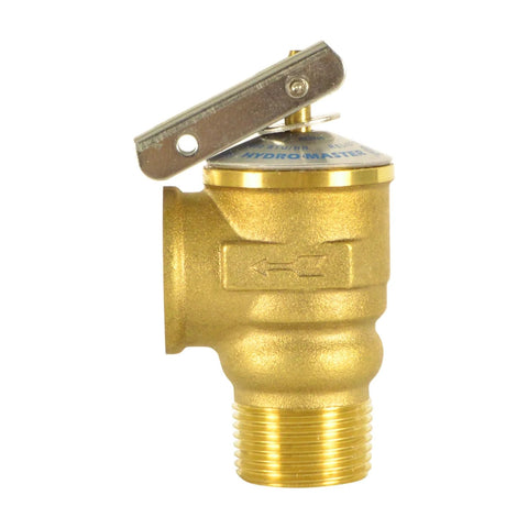 Brass Hydro Master safety relief valve with 3/4 in thread and top lever, 30 PSI ASME hot water, Amazon brand.