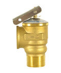 Front view of Hydro Master brass safety relief valve with 3/4 in NPT thread for hot water, 150 psi.