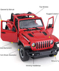 Red Off Road RC Jeep Wrangler JL 1 To 14 Scale Toy Car with realistic doors open, spring suspension, and LED lights