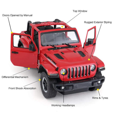 Red Off Road RC Jeep Wrangler JL 1 To 14 Scale Toy Car with realistic doors open, spring suspension, and LED lights