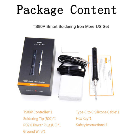 Package contents of TS80P Soldering Iron Pro Mini Portable Digital Welding Tool Kit with B02 Tips and accessories displayed.