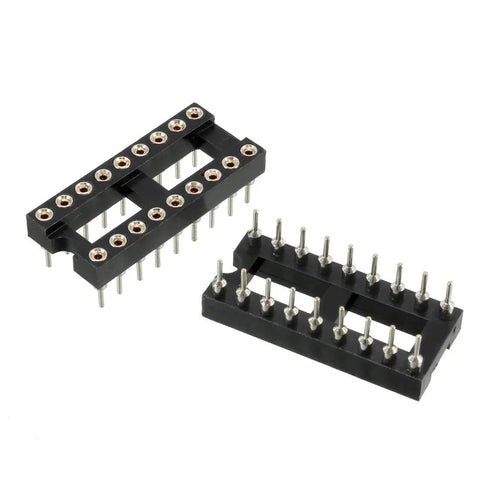 Two black silver tone 18-pin DIP IC socket adaptors with 2.54mm pitch and 7mm center to center rows for mounting, easy swap for circuits.