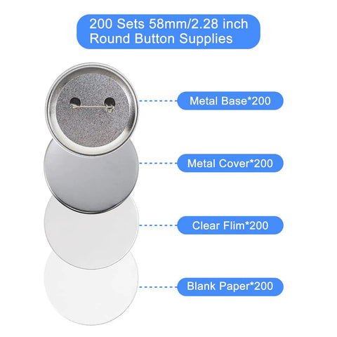 All In One 200 Set Button Maker Supplies Kit For 58mm Buttons With Metal Covers And Bases Blank Papers Clear Films display