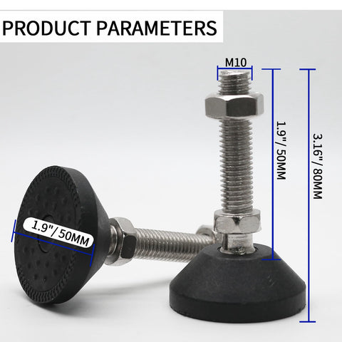 Image of Rock Solid 4 Pack M10 Adjustable Furniture Levelers with tough nylon base, 1.9" diameter, rust-proof steel, ideal for leveling workbenches.