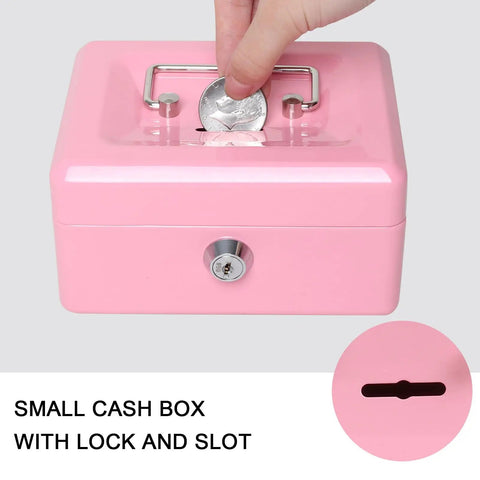 Kid Friendly Locking Cash Box With Top Slot Pink Metal Money Safe For Coins And Cash Portable Small Safe Box For Jewelry And Valuables Compact 5.9 By 4.7 By 2.9 Inches with coin