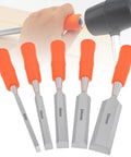 Real Deal Five Piece Wood Chisel Set With Heavy Duty Steel Hammer Ends And Smooth Ergonomic Grips, 6mm to 32mm sizes, ideal for woodworking projects.