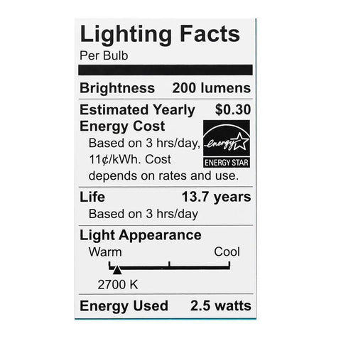 Lighting facts label for 25 Watt Equivalent B11 E12 Base Dimmable Clear Filament Vintage Style LED Light Bulbs Soft White 2700K 3 Pack