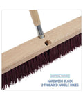 Straight Up Heavy Duty 18 Inch Floor Brush Head Featuring A Rock Solid Hardwood Block And Tough Maroon Polypropylene Bristles For Serious Industrial Sweeping Duties Handles Sold Separately, showing hardwood block and threaded handle holes.
