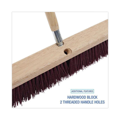 Straight Up Heavy Duty 18 Inch Floor Brush Head Featuring A Rock Solid Hardwood Block And Tough Maroon Polypropylene Bristles For Serious Industrial Sweeping Duties Handles Sold Separately, showing hardwood block and threaded handle holes.