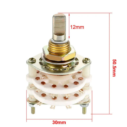 4 Pole 5 Throw Rotary Switch With 2 Deck Band Channel, Plastic Knob, 24 Pins, 10mm Mount Hole, 6mm Shaft, in close-up view