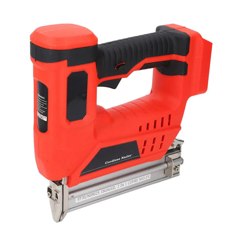 No Sweat Garage Grade Brushless Cordless Brad Nailer With Rapid Single Contact Firing Mode For Smooth Nail Driving and Heavy Duty Woodworking or Framing Gear for Weekend Warriors, red and black handheld design.