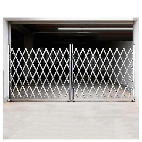 Wheeled Expandable Double Safety Gate Heavy Duty Stainless Steel Traffic Fence For Driveways And Garages Locks Down Quick No Sweat Smooth Home Security Perimeter Cover, double folding design.