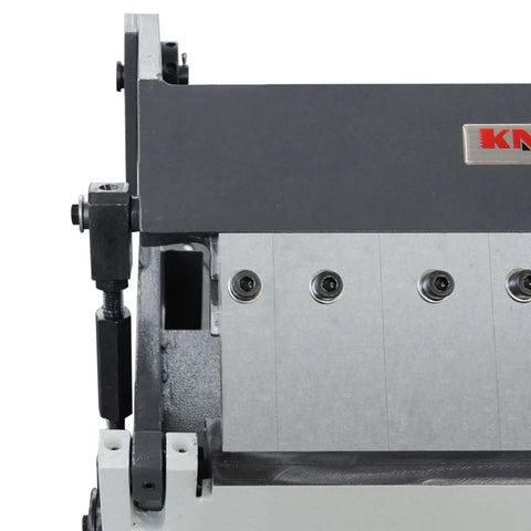 Close-up of 12 Inch Box And Pan Brake for 20 Gauge Metal with removable fingers and compact 62 lb design for home projects.