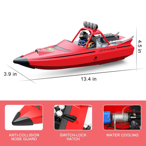 RC Boat For Kids And Adults, 2.4GHz Remote Control Boat With Bright LED Lights, Fast 20 MPH Jet Boat, Red, dimensions and features