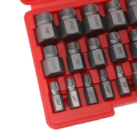Check Out This Awesome 25-Piece Screw Extractor Set Made From Tough 40Cr Steel Perfect For Yanking Out Stripped Bolts And Broken Studs With Ease Using A Multi-Spline Hex Shank Design To Save Your Time And Money On Any Garage Repair Job You Got. 25-piece 40Cr steel screw extractor set in red case, hex drive sizes