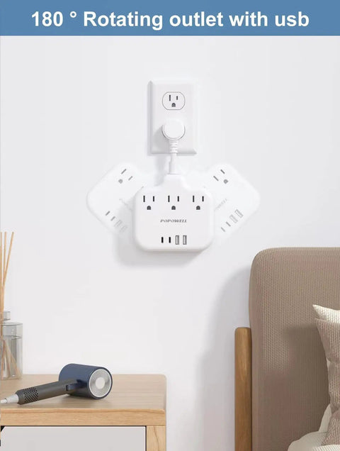 Your Go To USB Power Strip With Three AC Outlets And Four USB Ports Including Two Type C, 180° rotating, on wall socket
