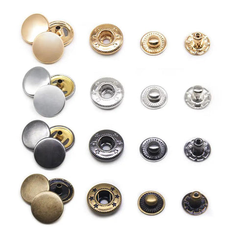 Top Shelf 120 Piece Durable Leather Snap Fastener Kit With Quick Press Tool For Jackets Jeans Tote Bags In Gold Silver Bronze Black 12 5mm showing various snap buttons.